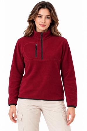 Kadın Polar Dik Yaka Yarım Fermuarlı Fermuarlı Göğüs Cepli Regular Fit Kışlık Sweatshirt - Bordo