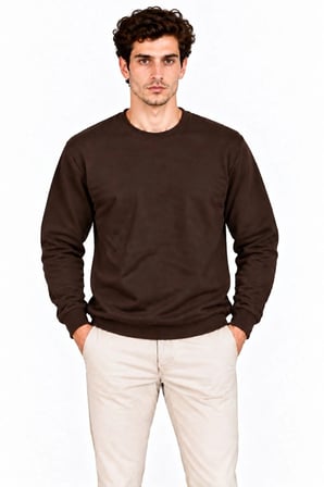 Erkek Bisiklet Yaka İçi Şardonlu 2 İplik Düz Uzun Kollu Regular Fit Sweatshirt - Kahverengi