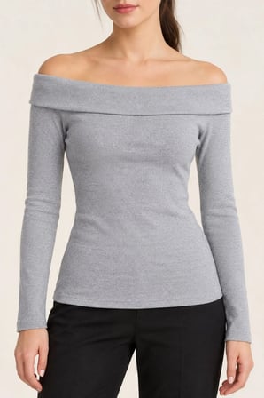 Kadın Gri Melanj Madonna Yaka Uzun Kollu Fitilli Likralı Kaşkorse Slim Fit Bluz - Gri