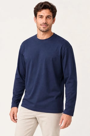 Erkek Modal Yumuşak Dokulu Bisiklet Yaka Uzun Kollu Tişört Sweatshirt - Lacivert