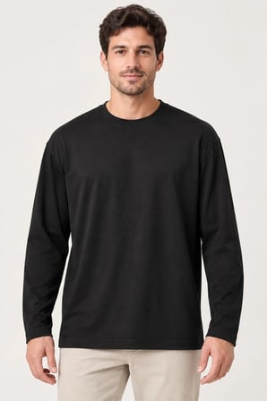 Erkek Modal Yumuşak Dokulu Bisiklet Yaka Uzun Kollu Tişört Sweatshirt - Siyah