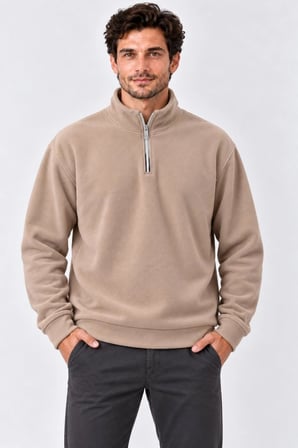 Erkek Polar Dik Yaka Yarım Fermuarlı Uzun Kollu Regular Fit Kışlık Sweatshirt - Bej