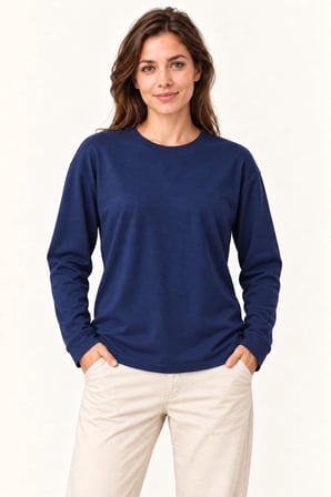 Kadın Modal Yumuşak Dokulu Bisiklet Yaka Uzun Kollu Tişört Sweatshirt - Lacivert