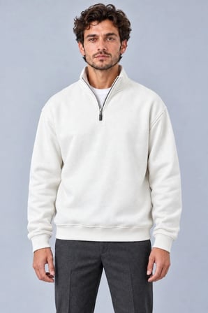 Erkek Üç İplik İçi Şardonlu Dik Yaka Yarım Fermuarlı Kışlık Sweatshirt - Beyaz