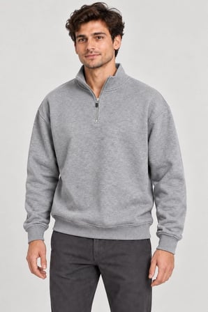 Erkek Üç İplik İçi Şardonlu Dik Yaka Yarım Fermuarlı Kışlık Sweatshirt - Grİ