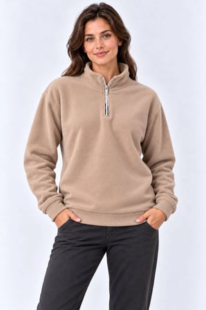 Kadın Polar Dik Yaka Yarım Fermuarlı Uzun Kollu Regular Fit Kışlık Sweatshirt - Bej