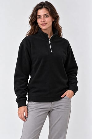Kadın Polar Dik Yaka Yarım Fermuarlı Uzun Kollu Regular Fit Kışlık Sweatshirt - Siyah