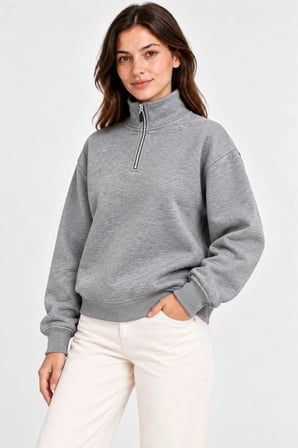 Kadın Üç İplik İçi Şardonlu Dik Yaka Yarım Fermuarlı Kışlık Sweatshirt - Grİ