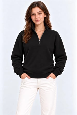 Kadın Üç İplik İçi Şardonlu Dik Yaka Yarım Fermuarlı Kışlık Sweatshirt - Siyah