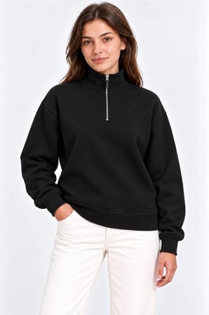 Kadın Üç İplik İçi Şardonlu Dik Yaka Yarım Fermuarlı Kışlık Sweatshirt - Siyah