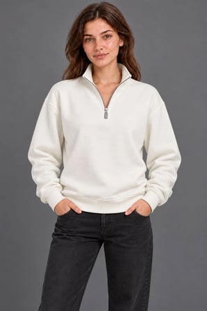Kadın Üç İplik İçi Şardonlu Dik Yaka Yarım Fermuarlı Kışlık Sweatshirt - Beyaz