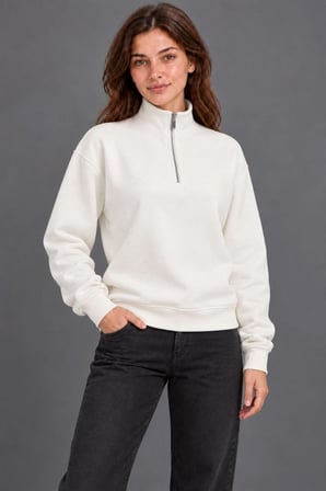 Kadın Üç İplik İçi Şardonlu Dik Yaka Yarım Fermuarlı Kışlık Sweatshirt - Beyaz