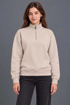 Kadın Üç İplik İçi Şardonlu Dik Yaka Yarım Fermuarlı Kışlık Sweatshirt - Bej