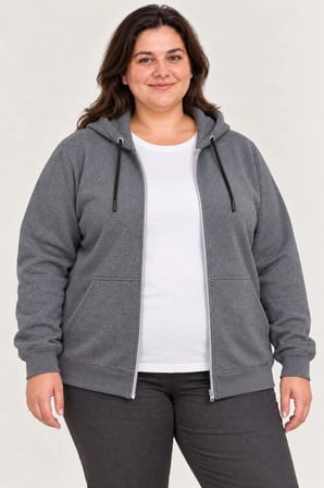 Kadın Battal Büyük Beden Üç İplik İçi Şardonlu Kapüşonlu Tam Fermuarlı Kışlık Sweatshirt - Füme