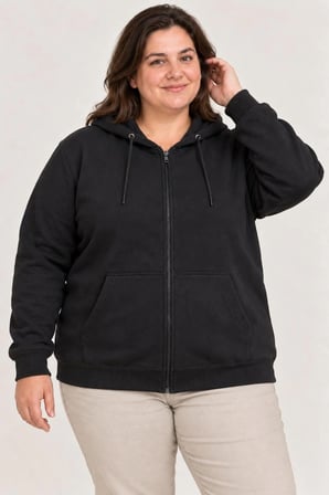 Kadın Battal Büyük Beden Üç İplik İçi Şardonlu Kapüşonlu Tam Fermuarlı Kışlık Sweatshirt - Siyah