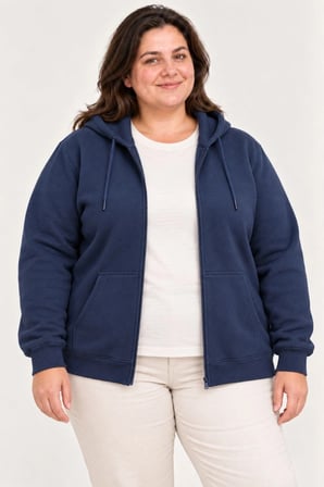 Kadın Battal Büyük Beden Üç İplik İçi Şardonlu Kapüşonlu Tam Fermuarlı Kışlık Sweatshirt - Lacivert