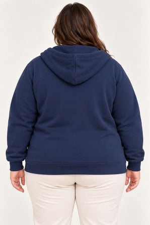 Kadın Battal Büyük Beden Üç İplik İçi Şardonlu Kapüşonlu Tam Fermuarlı Kışlık Sweatshirt - Lacivert
