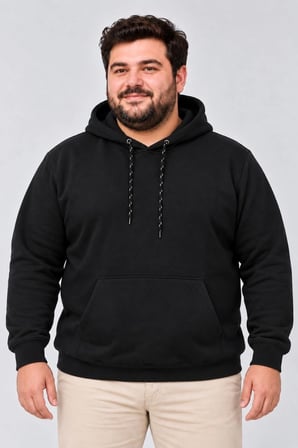 Erkek Battal Büyük Beden Üç İplik İçi Şardonlu Kapüşonlu Kanguru Cepli Kışlık Sweatshirt - Siyah