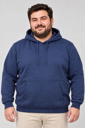 Erkek Battal Büyük Beden Üç İplik İçi Şardonlu Kapüşonlu Kanguru Cepli Kışlık Sweatshirt - Lacivert
