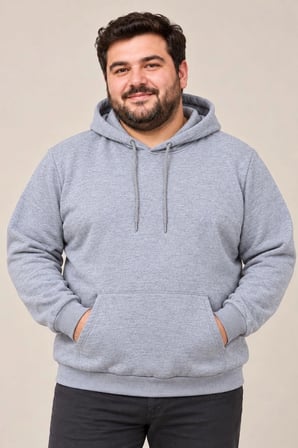 Erkek Battal Büyük Beden Üç İplik İçi Şardonlu Kapüşonlu Kanguru Cepli Kışlık Sweatshirt - Gri