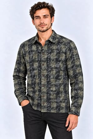 Erkek Ekose Kareli Batik Yıkamalı Şardonlu Uzun Kollu Regular Fit Oduncu Gömlek - Haki