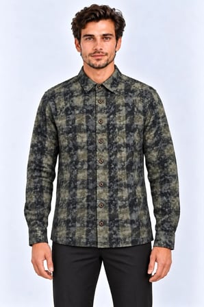 Erkek Ekose Kareli Batik Yıkamalı Şardonlu Uzun Kollu Regular Fit Oduncu Gömlek - Haki