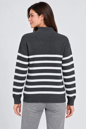 Kadın Dik Yaka Yarım Fermuarlı Çizgili Selanik Örgü Triko Kazak - Füme