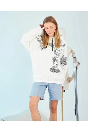 Kadın Oversize Kapüşonlu Baskılı  İplik Pamuklu Hoodie Sweatshirt - B