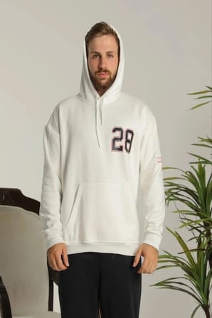 Erkek  İplik Pamuklu Kapüşonlu Baskılı Cepli Oversize Sweatshirt Hoodie - Beyaz