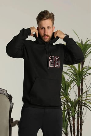 Erkek  İplik Pamuklu Kapüşonlu Baskılı Cepli Oversize Sweatshirt Hoodie - Siyah