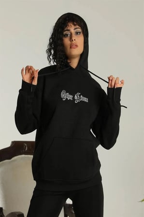 Kadın Oversize Kapüşonlu Cepli Baskılı  İplik Pamuklu Hoodie Sweatshirt - Siyah