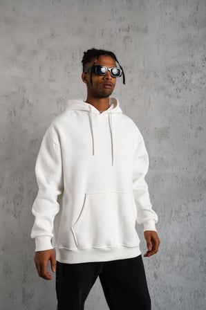 Erkek  İplik Pamuklu Kapüşonlu Kanguru Cepli Sweatshirt Hoodie - Beyaz