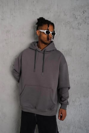 Erkek  İplik Pamuklu Kapüşonlu Kanguru Cepli Sweatshirt Hoodie - Gri