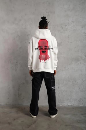 Erkek  İplik Pamuklu Kapüşonlu Baskılı Cepli Oversize Sweatshirt Hoodie - Beyaz