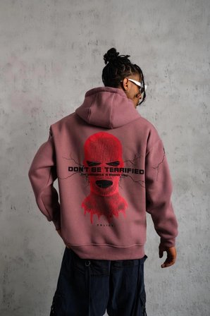 Erkek  İplik Pamuklu Kapüşonlu Baskılı Cepli Sweatshirt Hoodie - Gül Kurusu