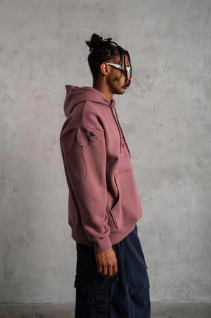 Erkek  İplik Pamuklu Kapüşonlu Baskılı Cepli Sweatshirt Hoodie - Gül Kurusu