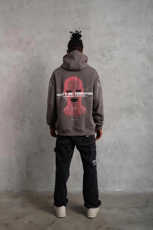 Erkek  İplik Pamuklu Kapüşonlu Baskılı Cepli Oversize Sweatshirt Hoodie - Gri