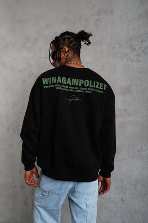 Erkek Bisiklet Yaka Baskılı  iplik pamuklu Sweatshirt - Siyah