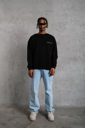 Erkek Bisiklet Yaka Baskılı  iplik pamuklu Sweatshirt - Siyah