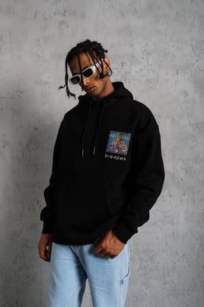 Erkek  İplik Pamuklu Kapüşonlu Baskılı Cepli Oversize Sweatshirt Hoodie - Siyah
