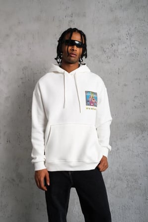 Erkek  İplik Pamuklu Kapüşonlu Baskılı Cepli Oversize Sweatshirt Hoodie - Beyaz