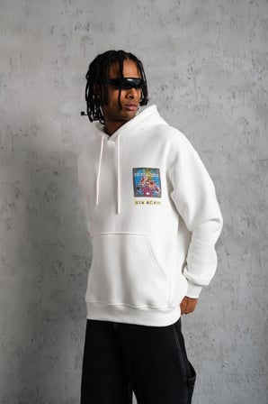 Erkek  İplik Pamuklu Kapüşonlu Baskılı Cepli Oversize Sweatshirt Hoodie - Beyaz