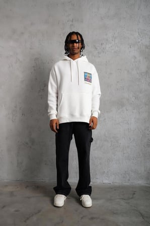 Erkek  İplik Pamuklu Kapüşonlu Baskılı Cepli Oversize Sweatshirt Hoodie - Beyaz