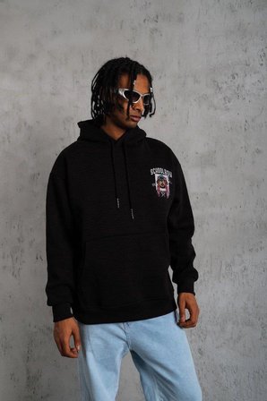 Erkek  İplik Pamuklu Kapüşonlu Baskılı Cepli Oversize Sweatshirt Hoodie - Siyah