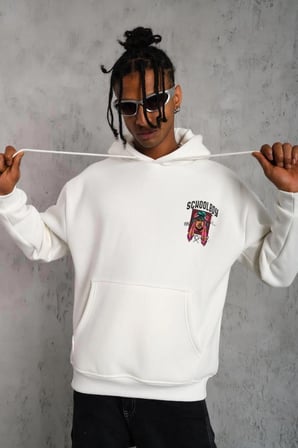Erkek  İplik Pamuklu Kapüşonlu Baskılı Cepli Oversize Sweatshirt Hoodie - Beyaz