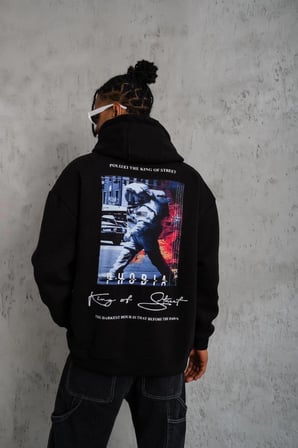 Erkek  İplik Pamuklu Kapüşonlu Baskılı Cepli Oversize Sweatshirt Hoodie - Siyah