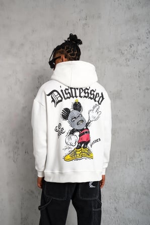 Erkek  İplik Pamuklu Kapüşonlu Baskılı Cepli Oversize Sweatshirt Hoodie - Beyaz