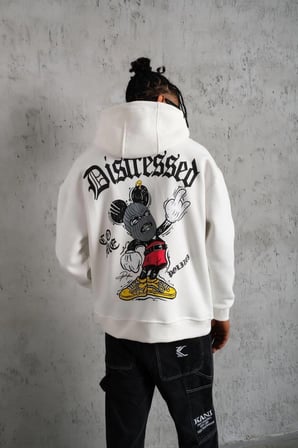 Erkek  İplik Pamuklu Kapüşonlu Baskılı Cepli Oversize Sweatshirt Hoodie - Beyaz