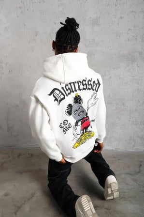 Erkek  İplik Pamuklu Kapüşonlu Baskılı Cepli Oversize Sweatshirt Hoodie - Beyaz