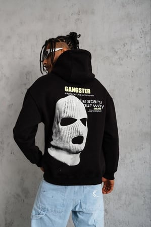 Erkek Baskılı Kapüşonlu  iplik pamuklu hoodie Sweatshirt - Siyah